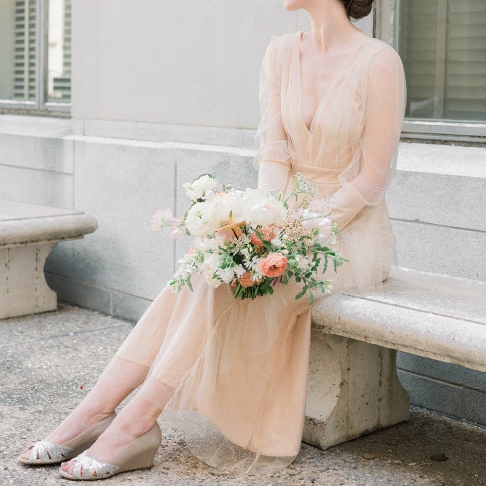 Long Sleeve Plunge Neckline Formal Gown - Nude/Glitter - M